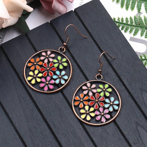 Any 4/$25! Copper Circle Colorful Flower Earrings - Picture 2 of 8